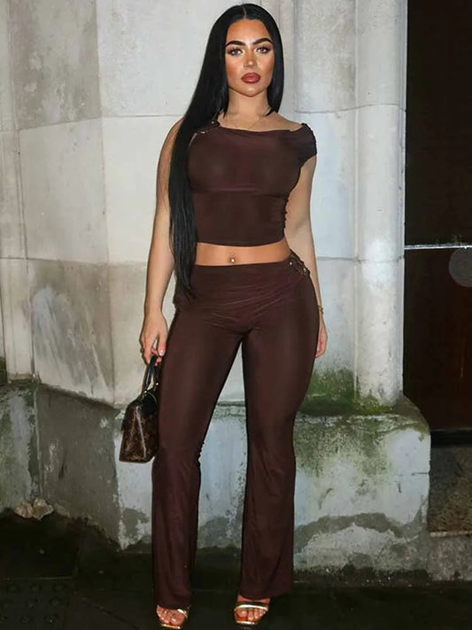 BKQU Casual Pants 2 Piece Set Women Metal Buckle Sleeveless Crop Tops+Ruched Waist Flare Pants Matching 2025 Spring Tracksuits