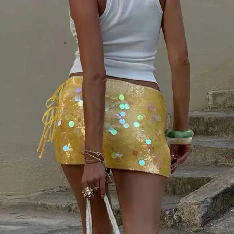 BKQU Summer Chic Sequined Mini Skirt Women Sparkle High Waist Side Split Lace Up A-line Skirt 2025 Fashion Sexy Party Rave Skirt