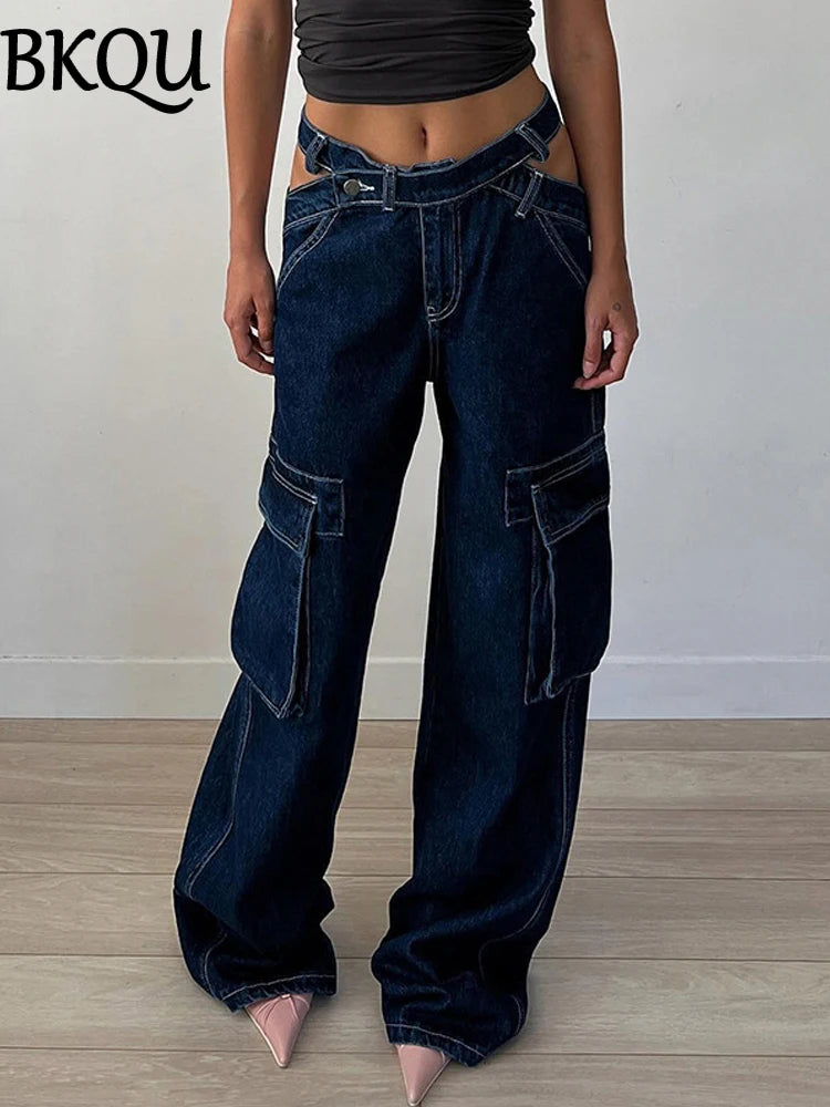 BKQU Wide Leg Cargo Jeans Women Low Waist Hollow Out Y2K Punk Baggy Pockets Straight Denim Pants Vintage Hip Hop Streetwear 2024
