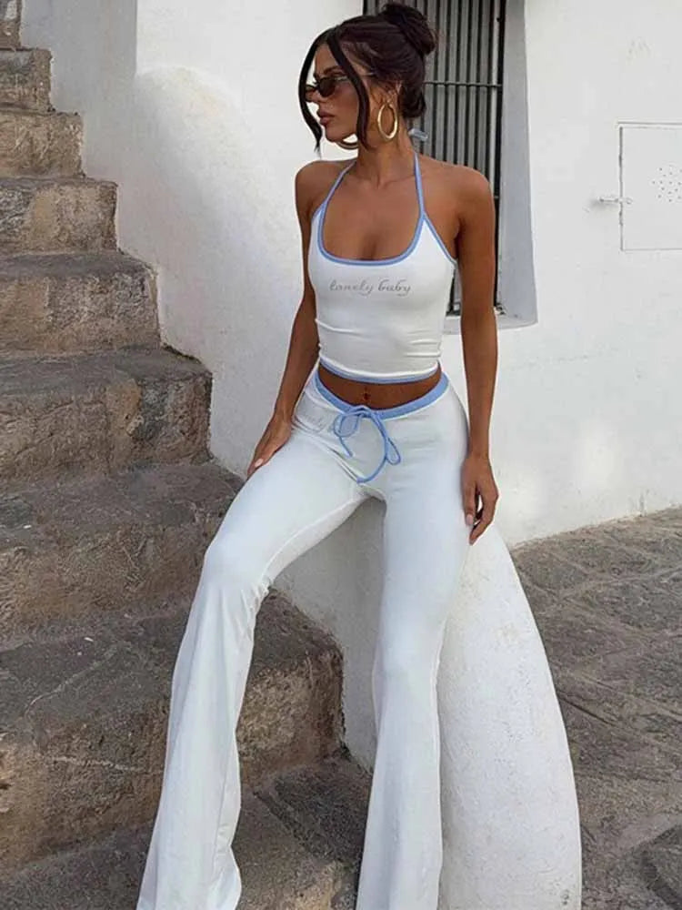 BKQU Diamond Letter Print 2 Piece Set Women Sexy Halter Bandage Crop Tops+Drawstring Stretch Flare Pants Y2K Outfit Streetwear