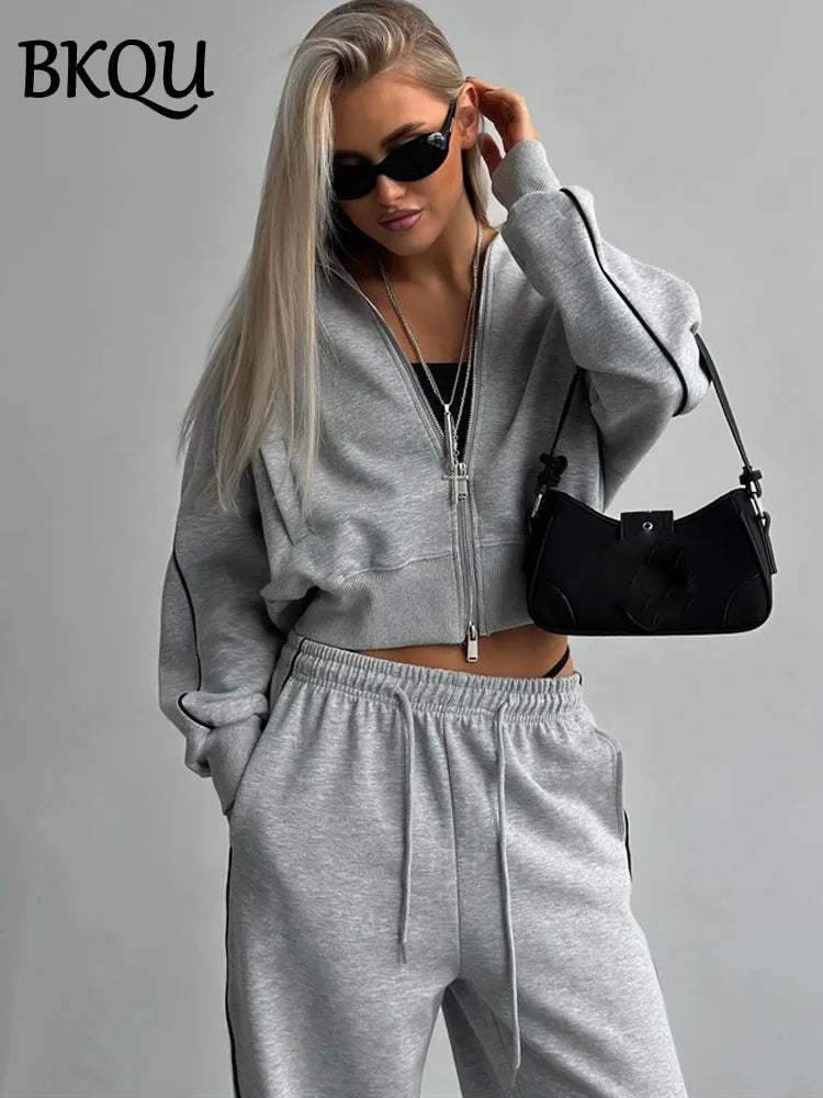 BKQU Casual Sports 2 Pieces Set Women Contrast Zipper Cardigan Jacket And Lace Up Wide Leg Pants Matching Suit Fashion Tracksuit
