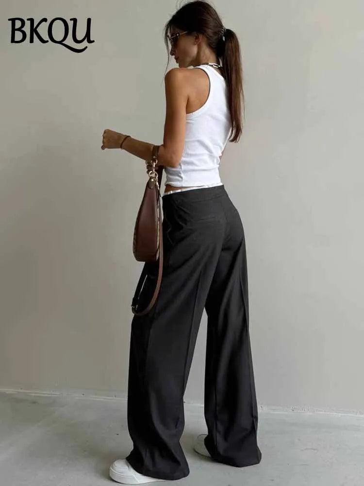 BKQU 2025 Woman Casual Pants Fake Two Piece Lace Up Loose Wide Leg Trousers Fashion High Waist Commuter Office Lady Suit Pants