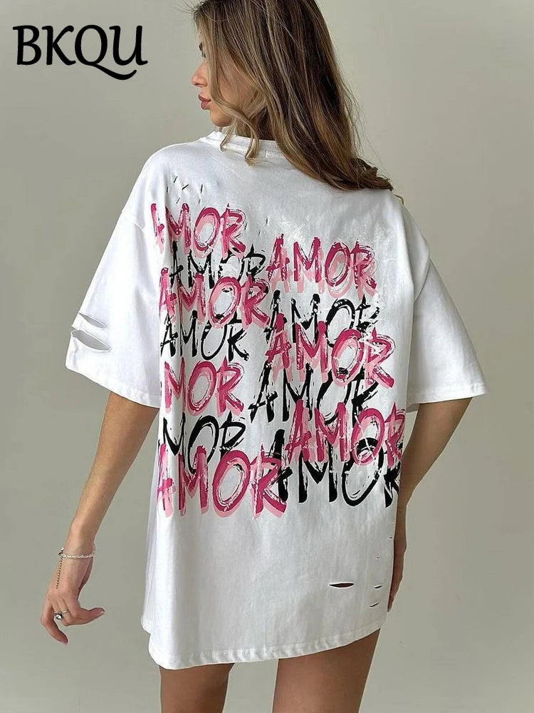 BKQU Letter Printed Loose T shirts Women 2024 High Street Graphic Short Sleeve Pullovers Tops Casual O-neck Kawaii Female Tees
