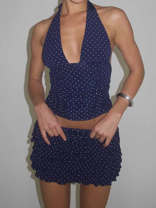BKQU Polka Dots Skirt Two Piece Set Women Sexy V-Neck Halter Backless Tank Top+Mini Ruffle Cake Skirts Summer Y2k Vacation Sets
