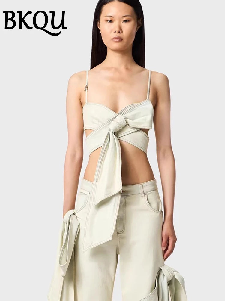 BKQU Denim Pants Set Women 2024 Designer Outfits Bows Spaghetti Straps Corset Tank Tops and Wide Leg Straight Jeans 2 Piece Sets