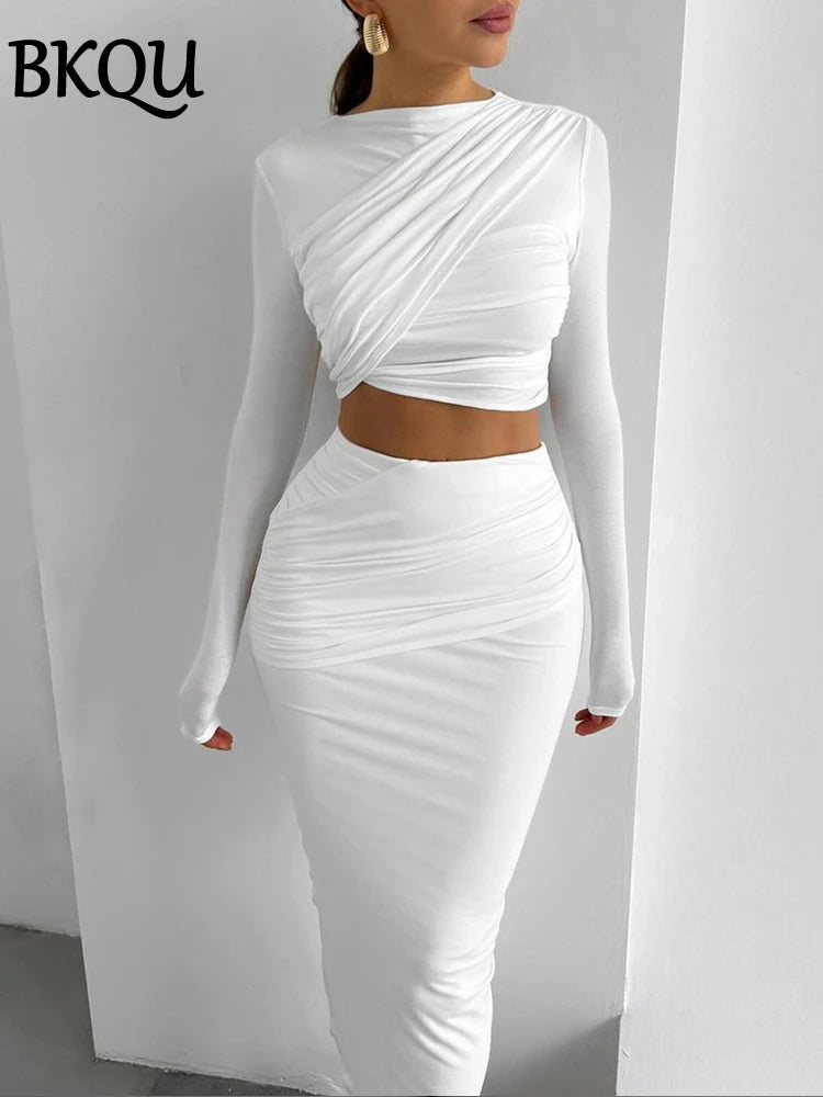 BKQU Elegant White Ruched Dress Sets Women Long Sleeve Crop Top and High Waist Long Bodycon Skirt Two Pieces Sets Party Outfits