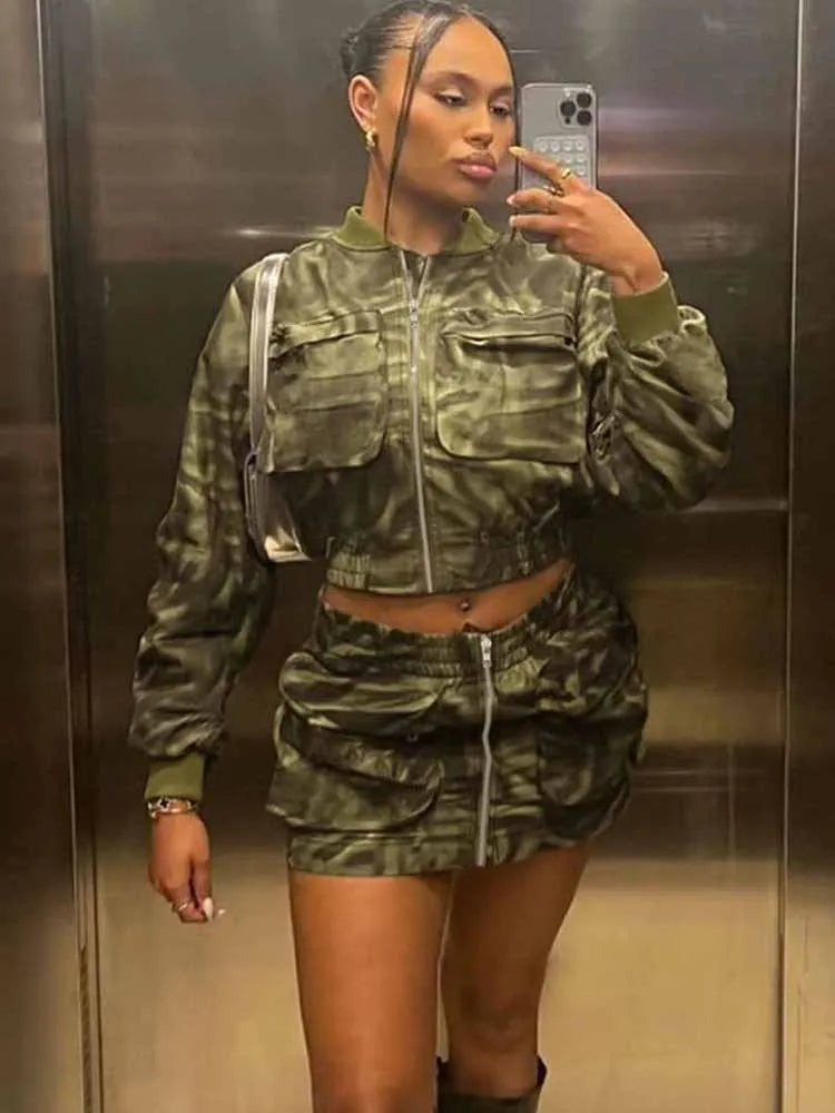 BKQU Camouflage Patchwork 2 Piece Set Women Cargo Large Pocket Zip Crop Jackets And Mini Skirt Suits Punk Hipster Y2K Streetwear