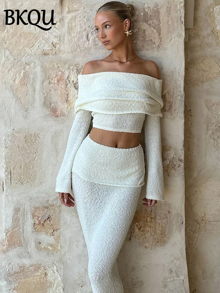 BKQU Elegant Long Skirt 2 Piece Set Women Sexy Off Shoulder Crop Top See Through Maxi Skirt Matching Autumn Female Party Outfits