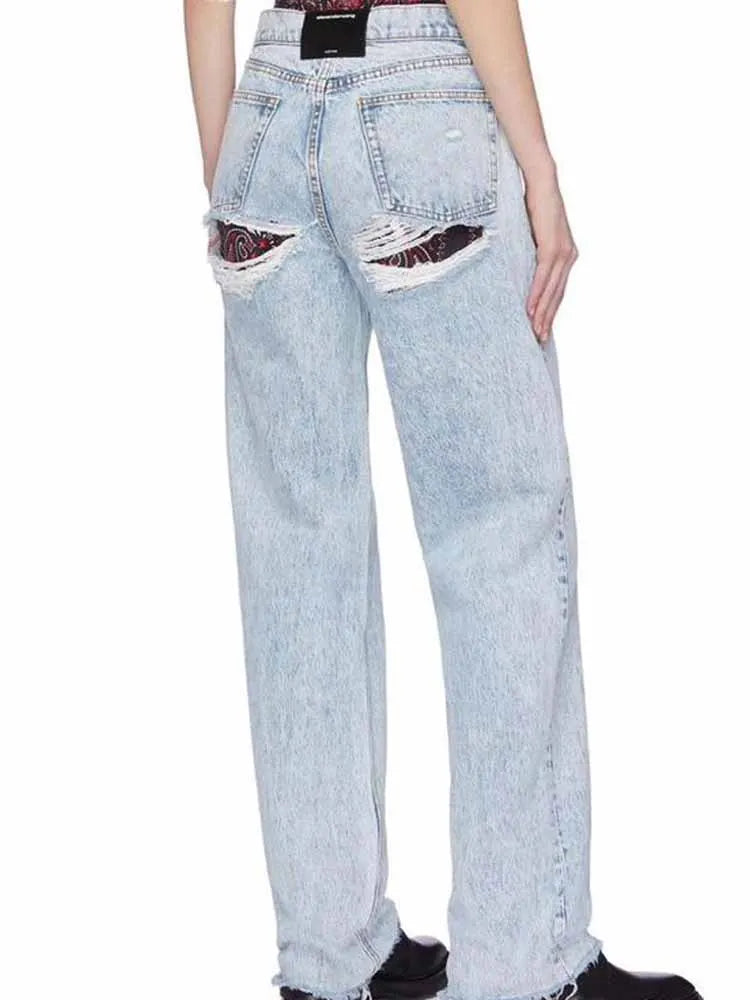 BKQU Ripped Straight Jeans Women American Vintage Print Spliced High Waist Denim Wide Leg Pants Hip Hop Y2k Wild Streetwear 2025