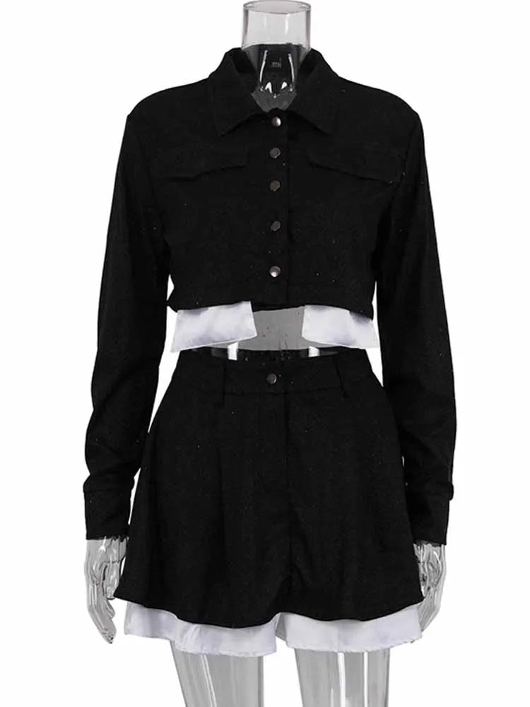 BKQU Glitter Party Women Two Piece Set Long Sleeve Single Breasted Crop Jacket High Waist A-Line Mini Skirts Female Chic Outfits