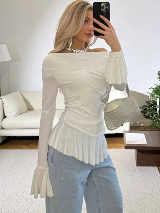 BKQU Elegant White Ruffled T-shirt Women Sexy One Shoulder Long Sleeve Slim Pullover Tops 2025 New Spring Y2k Casual Streetwear