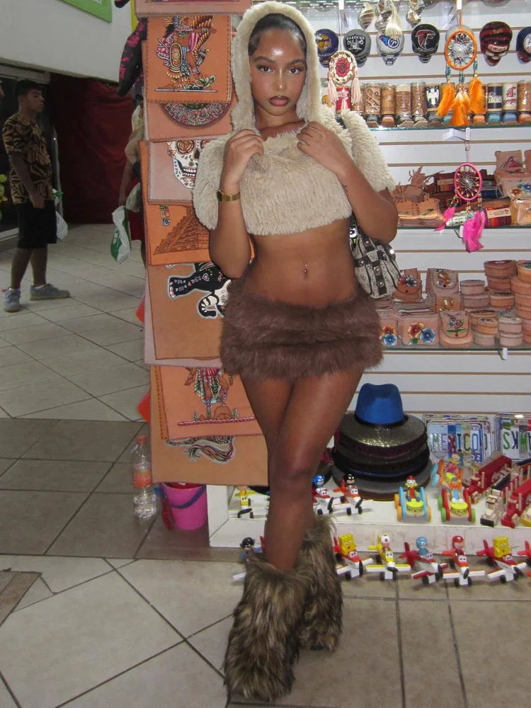 BKQU Faux Fur 3 Piece Skirt Set Women Hooded Crop Coat+Strapless Vest+Mini Skirt Outfit Midnight Party Y2K Furry Warm Streetwear