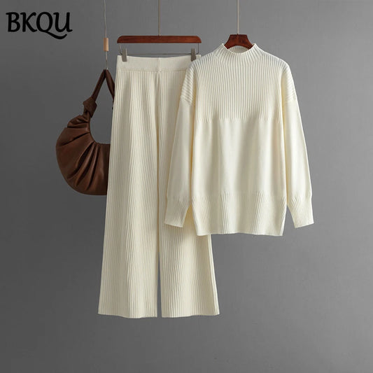 BKQU Loose Knitted 2 Pieces Women Sets Half Turtleneck Split Sweater and Wide Leg Pants Suits Winter Autumn Warm Knit Tracksuit