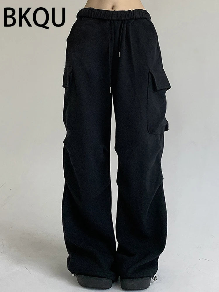 BKQU 2023 Baggy Wide Leg Cargo Pants Women Casual Oversized Pockets Low Waist Straight Jeans Streetwear Hippie Joggers Trousers