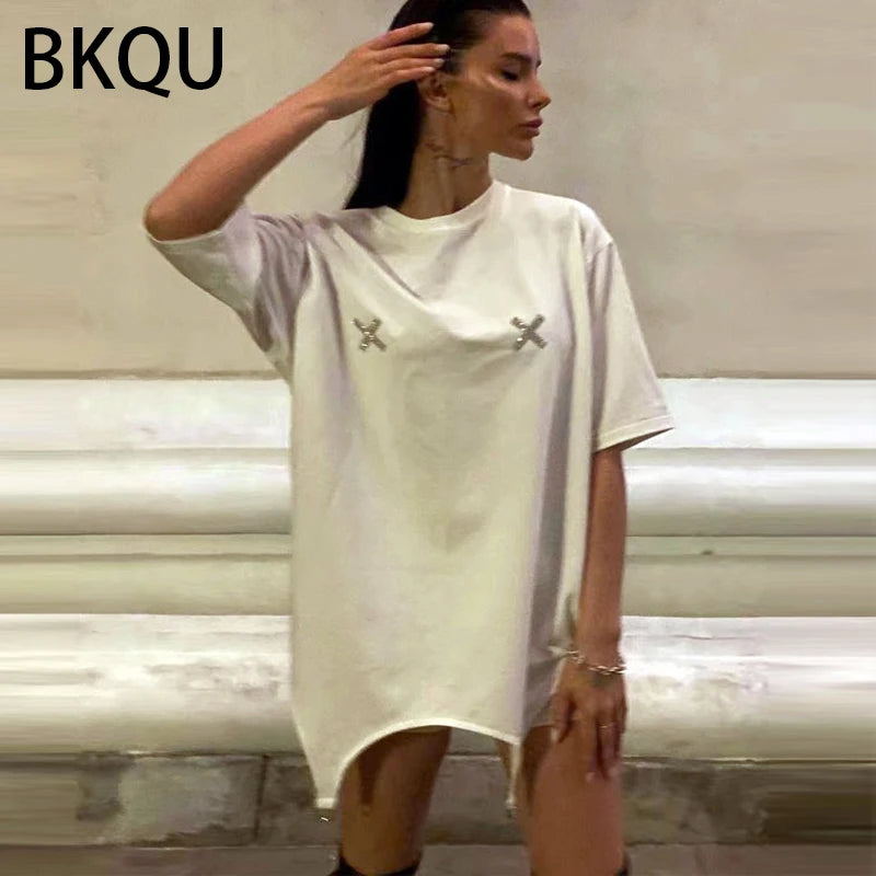 BKQU Rhinestone Loose T shirts for Women 2024 Harajuku Goth Graphic Short Sleeve O-neck Hot Diamonds Female Tees Pullovers Retro