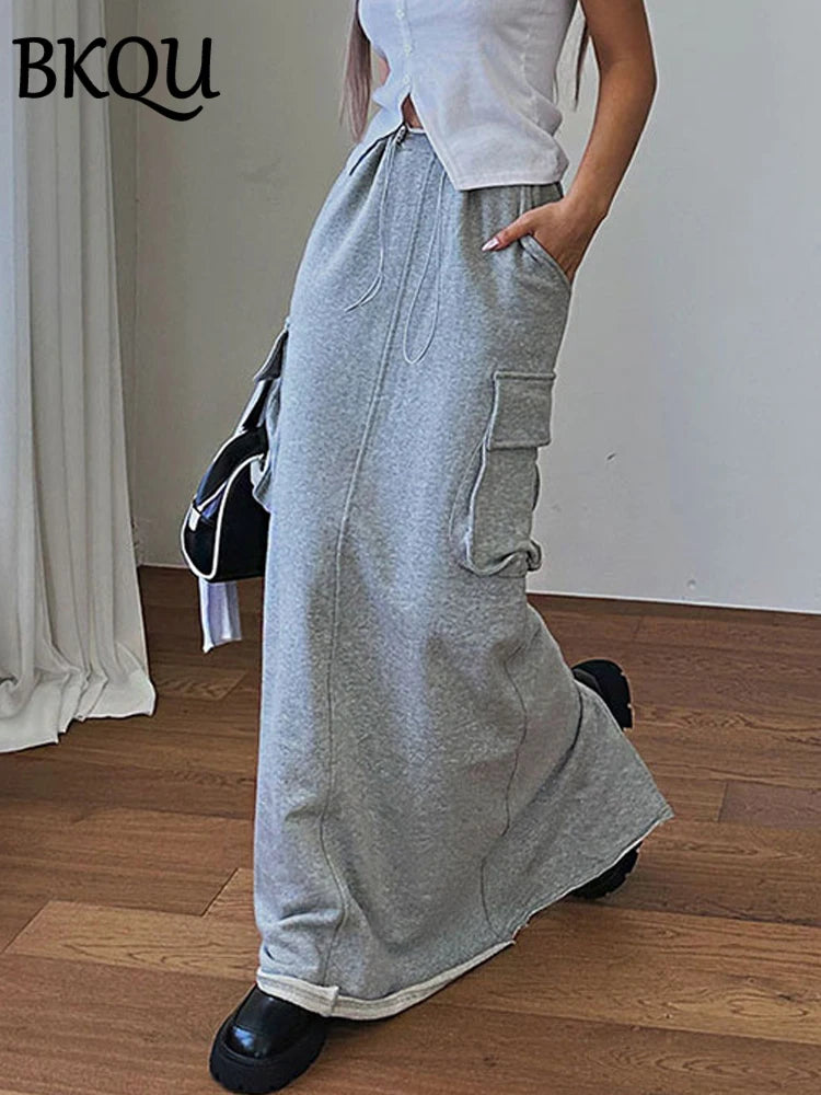 BKQU Pockets Adjustable Drawstring Split Long Skirt Women Fashion High Waist Straight Cargo Skirts 2024 Street Casual Maxi Skirt