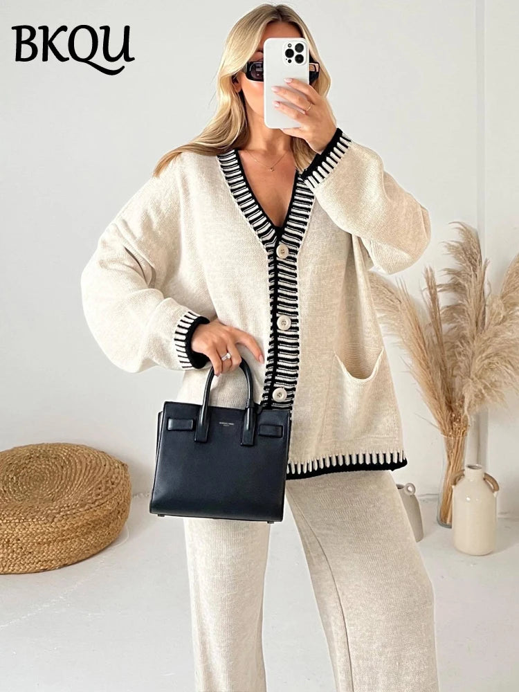 BKQU Knitted Two Piece Sets Women V-neck Button Cardigan Sweater Casual Wide Leg Pants Suits Autumn Winter Lady Tracksuit Outfit