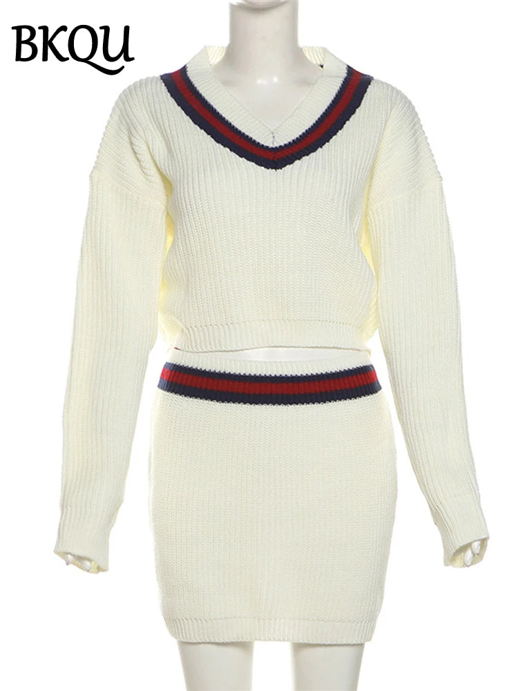 BKQU Women Knitted Two Piece Set Casual Long Sleeve V-Neck Pullover Sweater+Mini Skirts Fashion Contrast Color Warm Outfits 2024