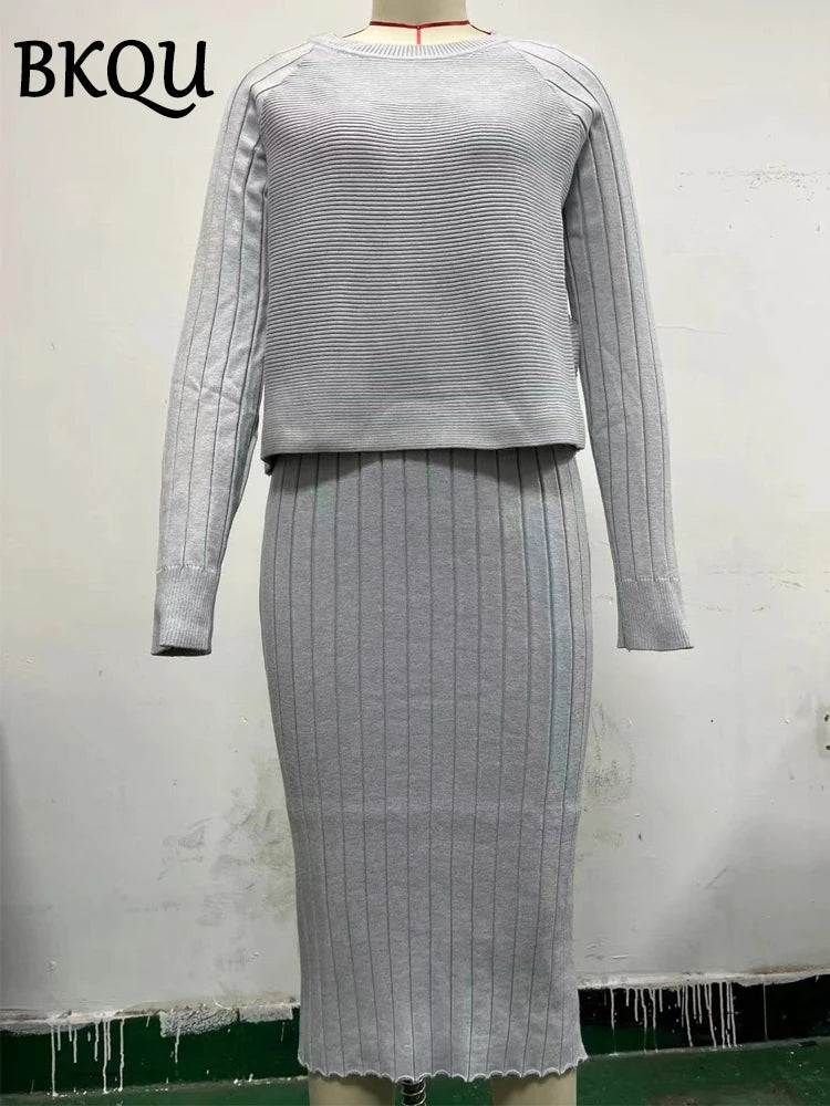 BKQU Knitted Dress Sets Women Sleeveless Square Collar Midi Dress and Long Sleeve O-neck Ribber Sweater Elegant Two Piece Set