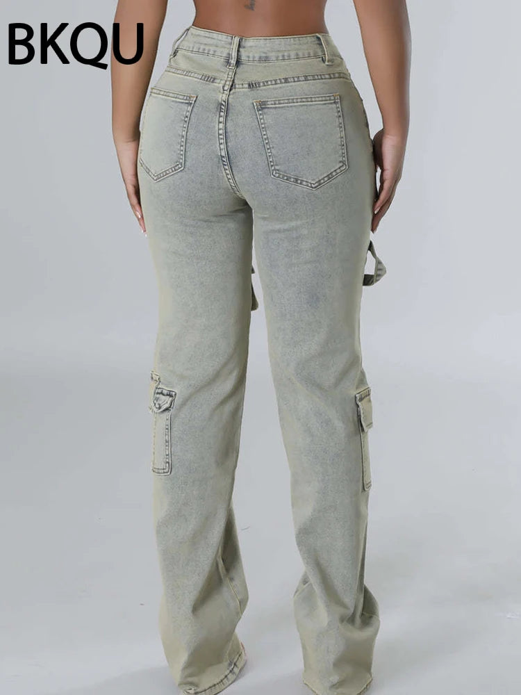 BKQU Fashion Multi-pocket Jeans Women Streetwear Retro Hip-hop Straight High Waist Denim Trousers Zipper Wash Casual Cargo Pants