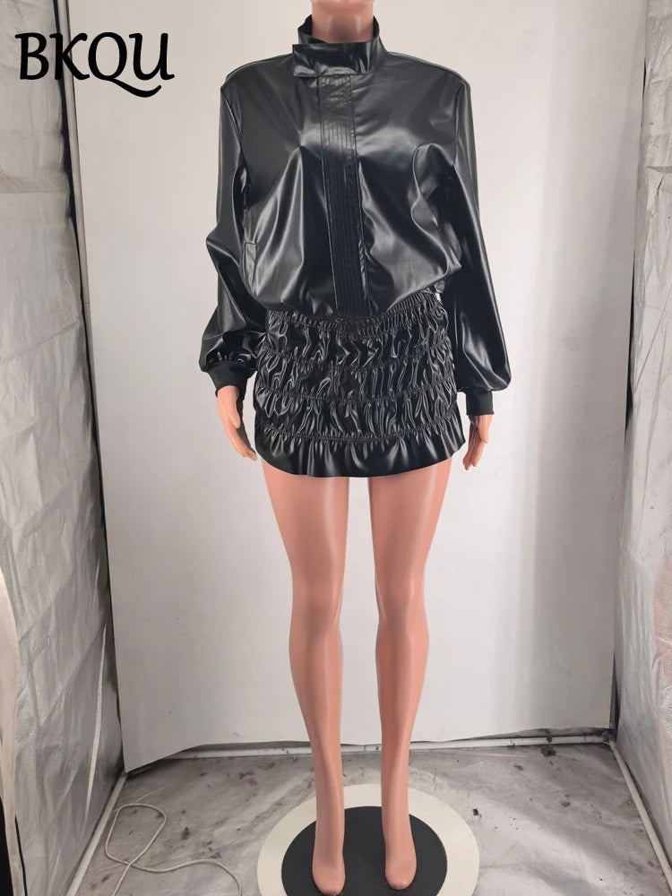 BKQU Fashion Leather Women Two Piece Set Long Sleeve Zipper Jacket Hip Package Ruched Mini Skirt Female Suit 2024 Streetwear