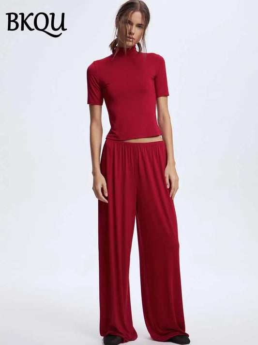 BKQU Women 2 Pieces Pant Sets Loungewear Modal Soft Short Sleeve Crop Tops and Elastic Wide Leg Pants Outfits Sleepwear Homewear