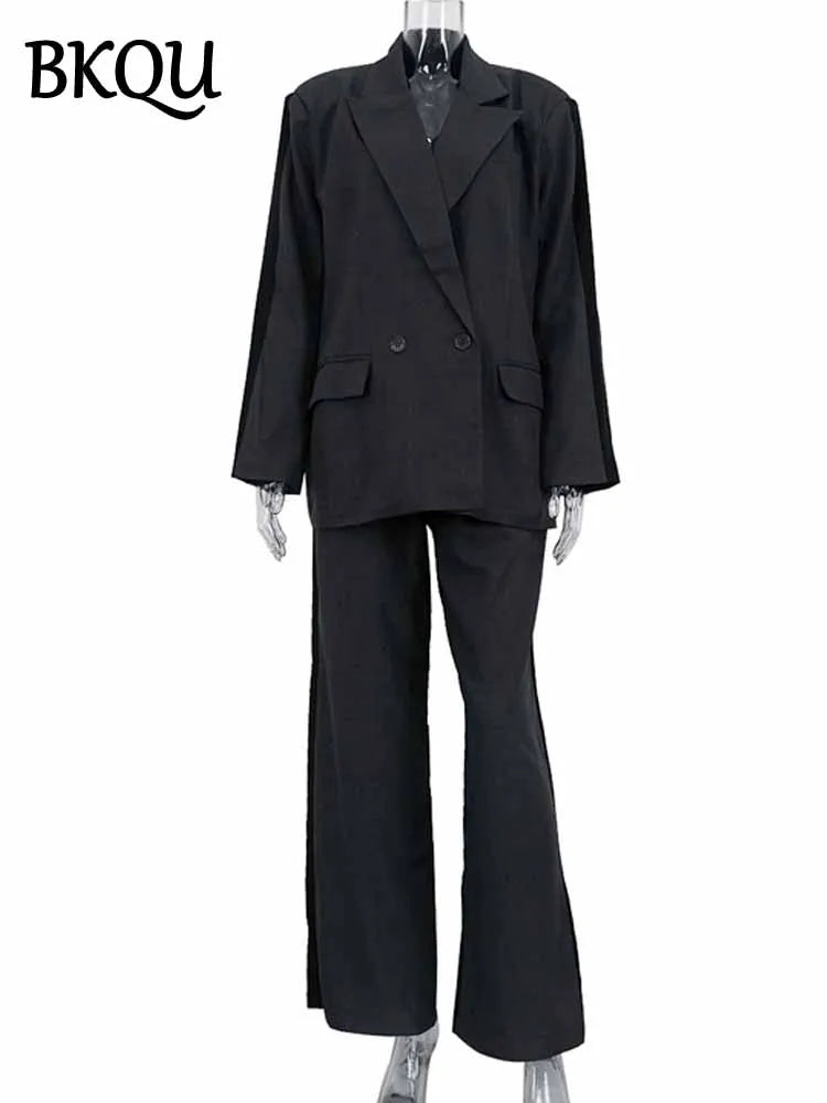 BKQU Patchwork Blazer 2 Piece Sets Women Fashion Long Sleeve Button Jacket High Waist Pocket Wide Leg Pants Office Lady Suits