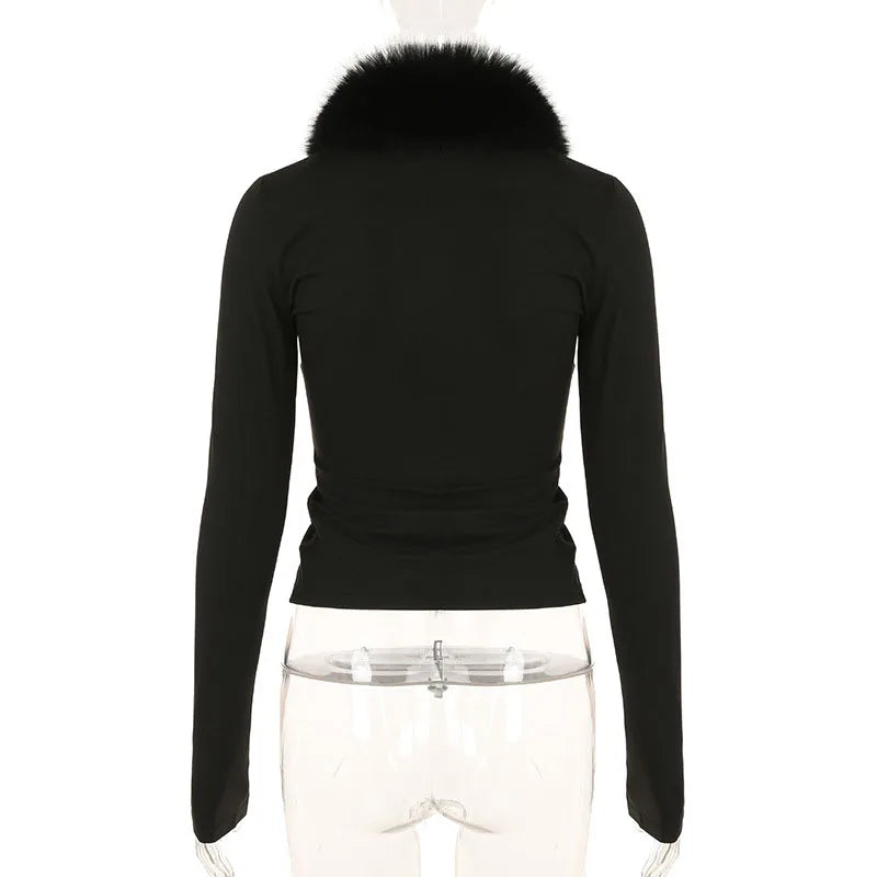 BKQU Fur Collar Long Sleeve Pullover Tops Women French Elegant V Neck Furry Slim T-shirt Autumn Winter Black Tees Y2K Streetwear