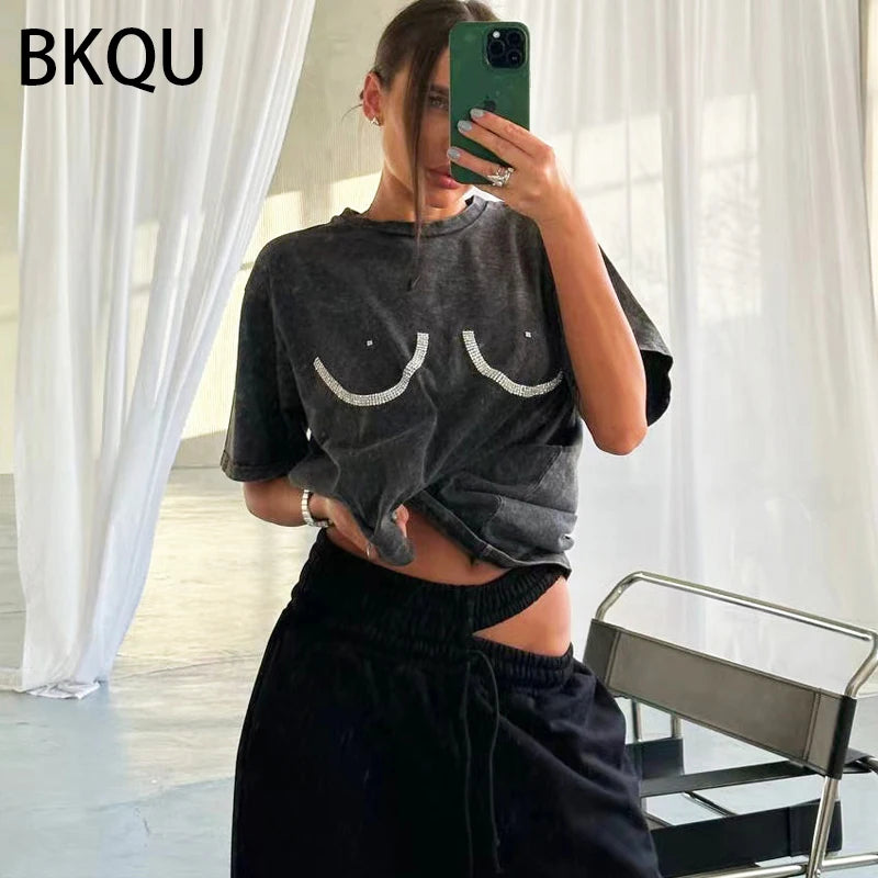 BKQU Rhinestone Loose T shirts for Women 2024 Harajuku Goth Graphic Short Sleeve O-neck Hot Diamonds Female Tees Pullovers Retro