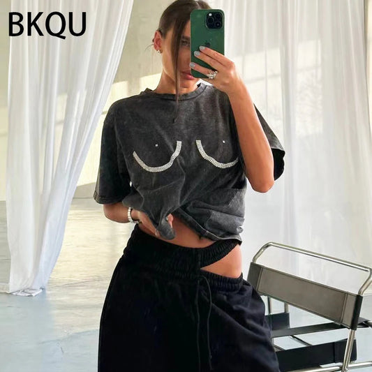 BKQU Rhinestone Loose T shirts for Women 2024 Harajuku Goth Graphic Short Sleeve O-neck Hot Diamonds Female Tees Pullovers Retro