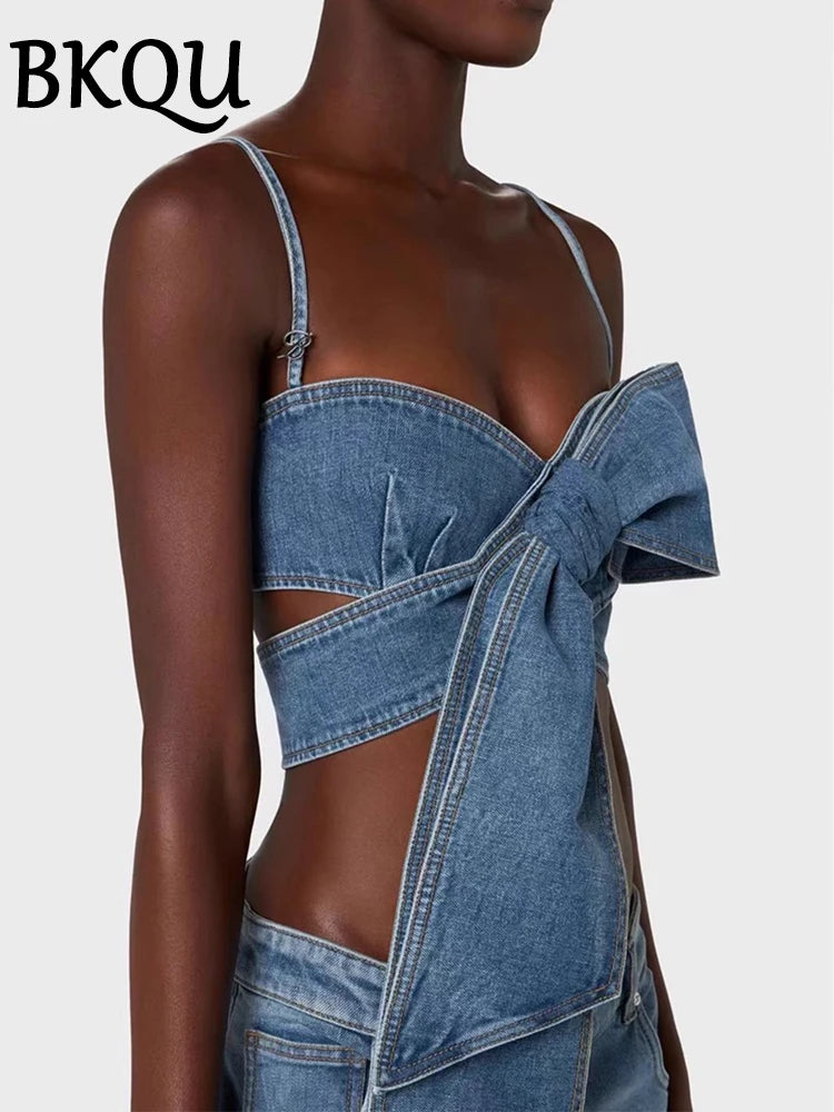 BKQU Denim Pants Set Women 2024 Designer Outfits Bows Spaghetti Straps Corset Tank Tops and Wide Leg Straight Jeans 2 Piece Sets