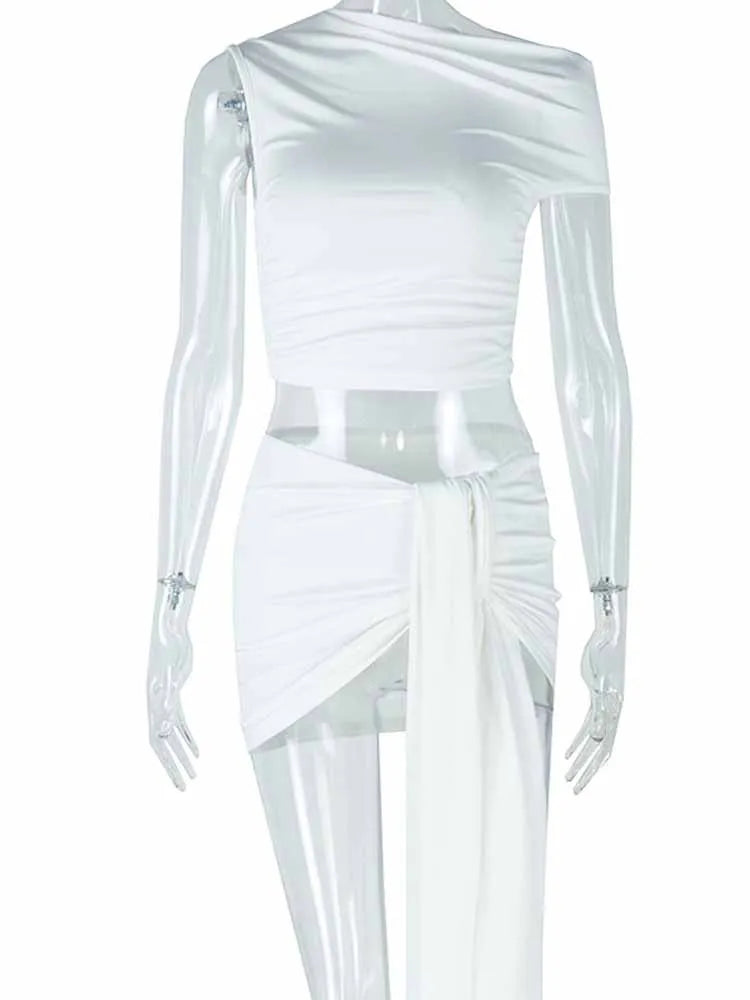 BKQU Ruched Bodycon Elegant 2 Pieces Women Sexy Off Shoulder Crop Tops Bandage Ribbon Mini Skirts Sets 2025 Spring Party Outfits