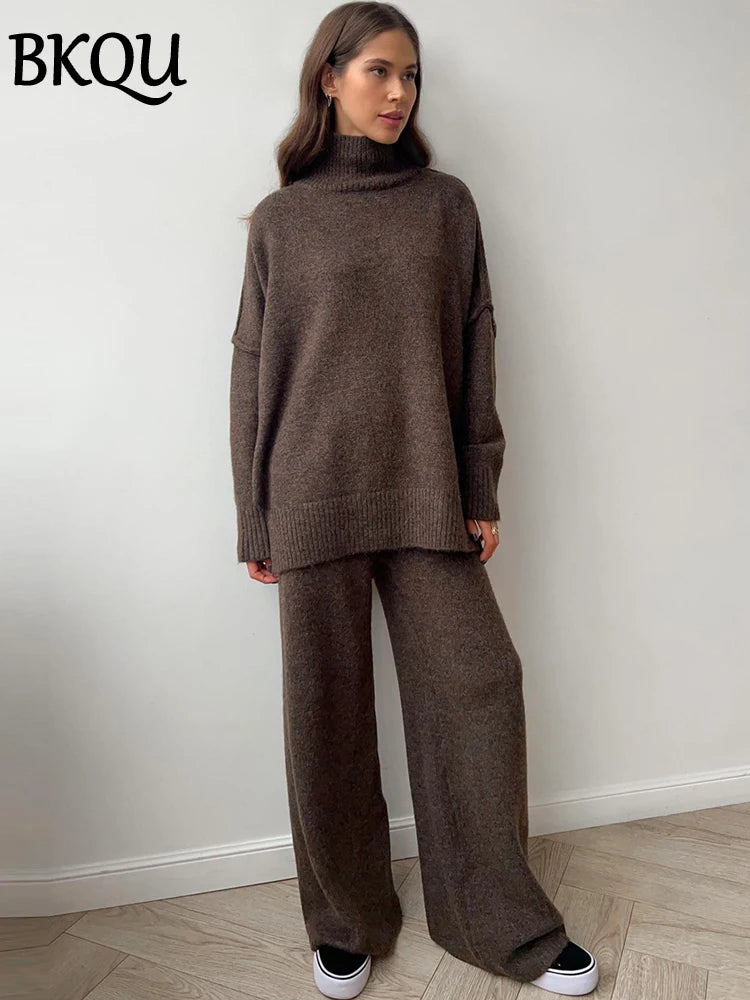 BKQU Turtleneck Sweater Knitted Pants Suits Women Autumn Winter Loose Casual Split Top And Wide Leg Trousers Warm Two Piece Set
