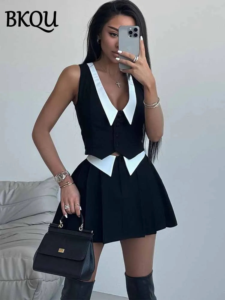 BKQU Summer Mini Skirt Women Contrast Outfit Elegant V-neck Sleeveless Button Tank Top High Waist Pleated Skirt 2 Piece Sets Y2k