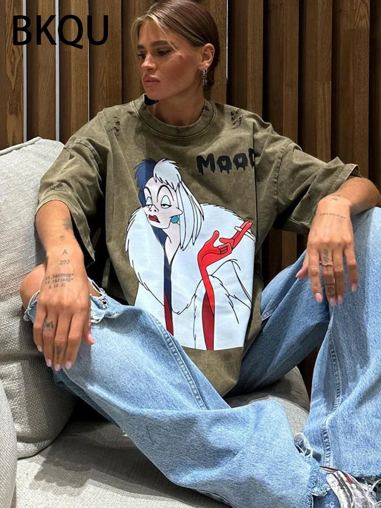 BKQU Oversized T-shirt Women Graphic Print Ripped Half Sleeve Tee Shirts High Street Hip Hop Female Pullovers Vintage Loose Tops