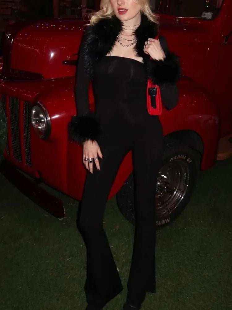 BKQU Fur Collar Crop Top with Strapless Jumpsuit Women's 2 Piece Sets Elegant Long Sleeve Short Coat Flared Pants Playsuit Suits
