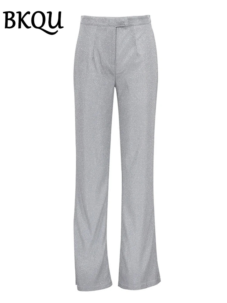 BKQU Shiny Silver Pants Set Women Party Club Blazer Two Piece Luxury Sets Femme Straight Pants and Glitter Blazers Matching Suit