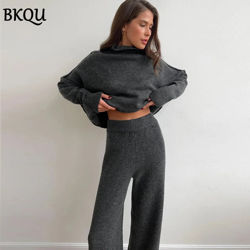 BKQU Women's Knitted Two Piece Pants Set 2024 Autumn Winter Turtleneck Sweater and Wide Leg Long Pants Matching Homewear Suits