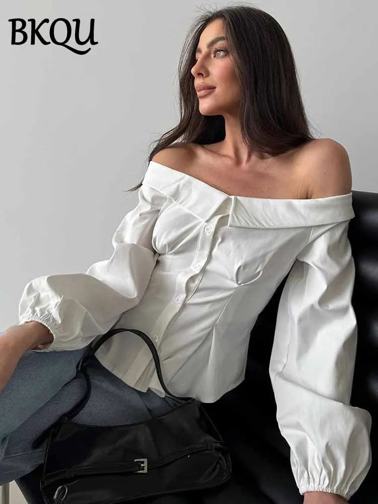 BKQU Elegant Off Shoulder Women Lantern Sleeve Shirt Tops White Slim Single Breasted Ruched French Blouse 2025 Spring Streetwear