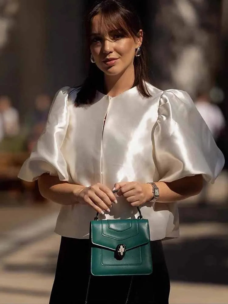 BKQU Elegant Satin Puffy Short Sleeve Shirts Women Solid Loose O-neck Single Breasted Blouses Female 2025 Chic Streetwear Tops