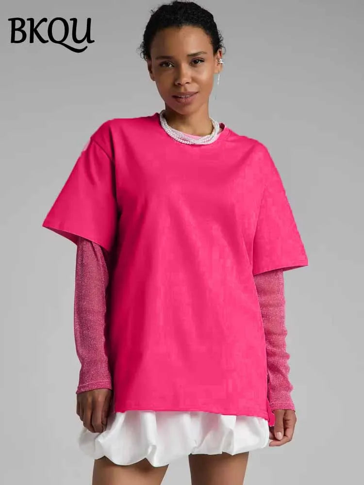 BKQU Summer Oversize T Shirt Women Cotton Patchwork Bright Mesh Long Sleeve Fake Two Pieces Top 2025 New Chic Female Street Tees