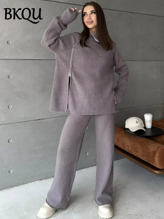 BKQU Turtleneck Zipper Sweater Knitted Pants Two Piece Set Women Autumn Winter Casual Warm Pullover Elastic Wide Leg Tracksuits