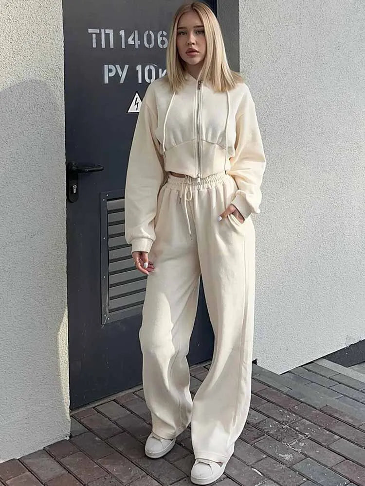 BKQU Casual Pants Sets Woman Hooded Long Sleeve Zipper Sweatshirt Solid Lace-up Wide Leg Sweatpants 2025 New Fashion Tracksuit