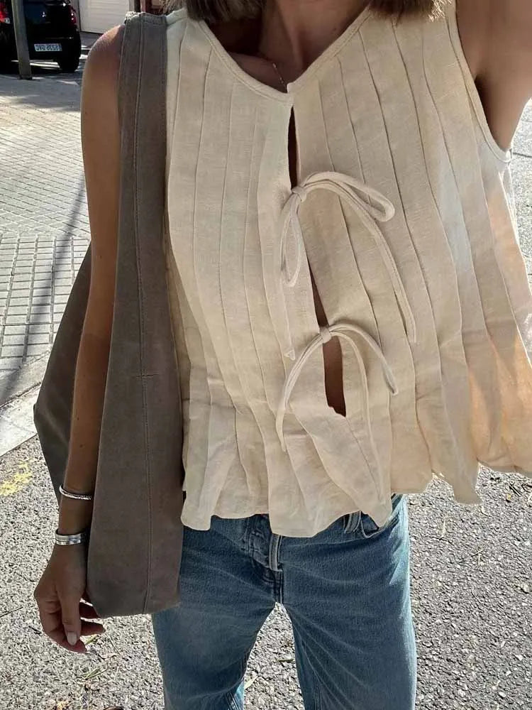 BKQU Linen Lace Up Sleeveless T shirts Women pleated Hollow Out O-neck Bow Crop Tops 2024 Summer Street Casual Female Tank Tops