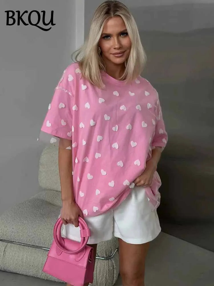 BKQU Sweet Heart Mesh Patchwork T-shirt Women Aesthetic Y2k Clothes Summer Loose Casual O-Neck Short Sleeve Tops Cotton T Shirt