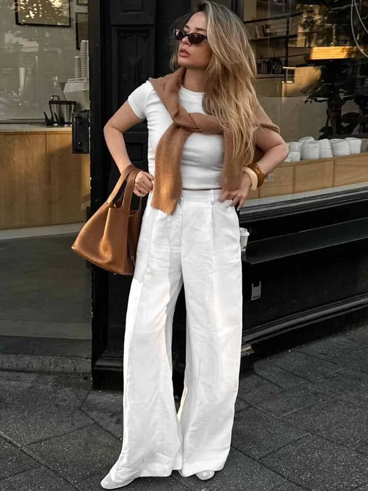 BKQU Casual High Waist Wide Leg Pants Women White Cotton Linen Pocket Straight Trousers 2025 Spring Summer Fashion Streetwear