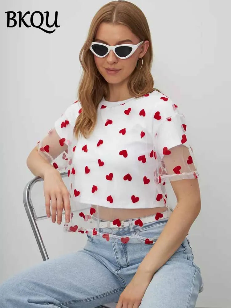 BKQU Crop Tops Women Heart Mesh Patchwork Fake Two Piece T-Shirt 2025 Summer Casual Y2k O-Neck Short Sleeve Tees Chic Streetwear