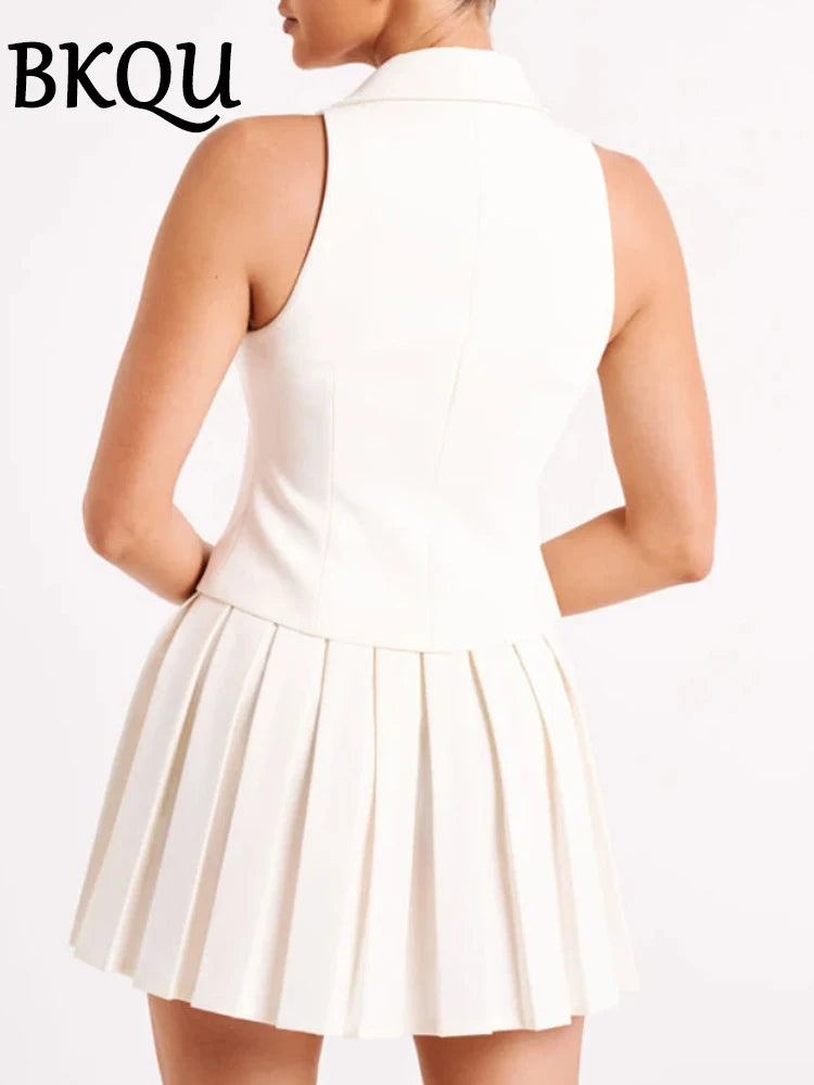 BKQU Pleated Mini Skirts Two Piece Sets Women Elegant Sleeveless Button-up Vest and High Waist Zipper Micro Skirts Matching suit