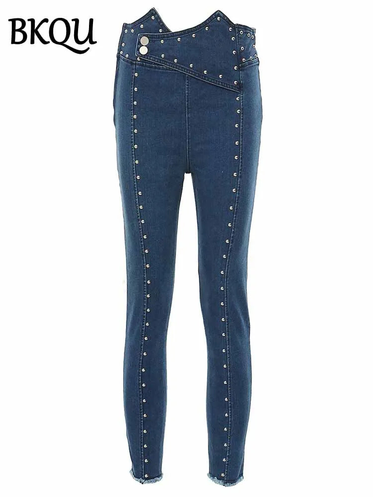 BKQU Skinny Pencil Jeans Women Beaded Decoration Fashion Irregular Waist Stretch Denim Pants 2025 New Elegant Jeans Trousers y2k