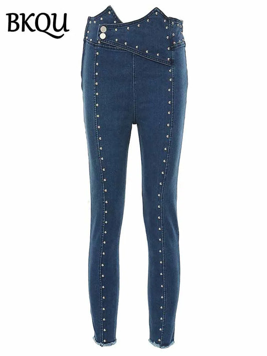 BKQU Skinny Pencil Jeans Women Beaded Decoration Fashion Irregular Waist Stretch Denim Pants 2025 New Elegant Jeans Trousers y2k